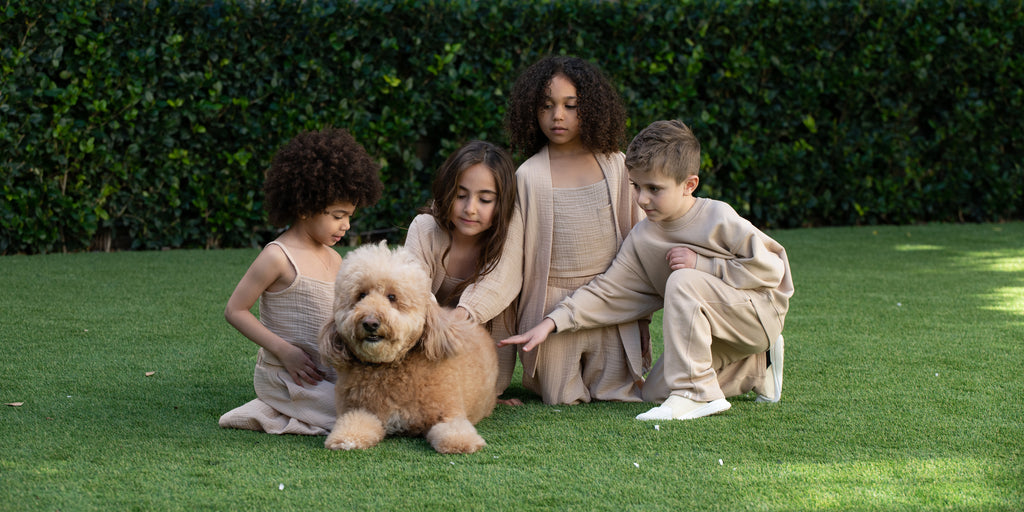 kids with a dog on grass